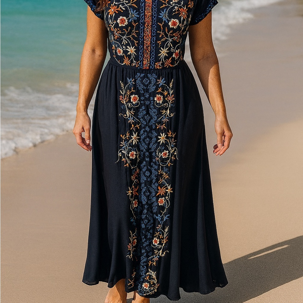 Johnny Was Mariposa heavily embroidered button down Challis Maxi dress - Picture 7 of 13